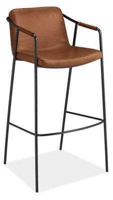 an upholstered leather bar stool with black frame and armrests, viewed from the front