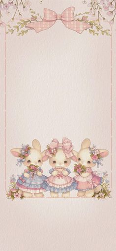 two little rabbits are sitting next to each other in front of a white background with pink flowers