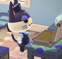 an animal crossing character standing in front of a laptop