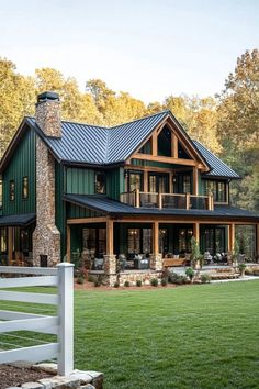 Check out all of these dream farmhouses that will have you drooling with rural living fantasies and mooing with joy! Modern Farmhouse Log Cabin, Lodge Style Exterior, Siding Over Log Cabin, Green And Black Farmhouse Exterior, Ranch Style Homes Exterior Remodel Modern Farmhouse, New Farmhouse Exterior, Stone And Wood House Exterior Modern, Gable Roof Porch Front Entry Farmhouse, Houses With Attached Garage