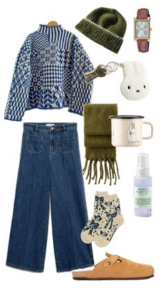 an assortment of clothing and accessories including shoes, sweaters, mittens, coffee mug