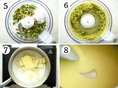 four pictures showing how to make pesto in a food processor