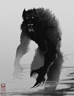 a black and white drawing of a monster with red eyes, standing in the water