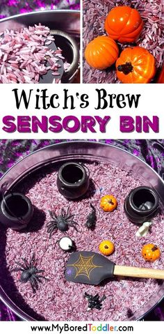 a witches brew halloween bin filled with spooky treats and decorations for the witch's brew