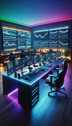 an office with multiple monitors and desks in the middle, all lit up by neon lights