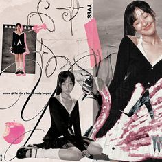 two women are sitting on the ground in front of some collages