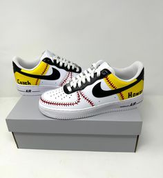 Get ready to rock a pair of these custom Air Force 1s! They are each individually made with impeccable craftsmanship.  -Shoes are authentic, brand new in box purchased especially for you -Each pair is hand pained from start to finish -All shoes are painted with the best quality paints -Each pair is sealed with high quality sealant that is both water and scratch proof  -While each pair is based off of a similar design, each one is just a little different and unique making it one of a kind -All sh Softball Shoes, Custom Softball, Custom Painted Shoes, Custom Shoes Diy, Painted Sneakers, Air Force 1s, Baseball Shoes