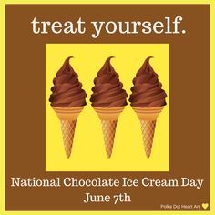 three ice cream cones with the words treat yourself national chocolate ice cream day on it