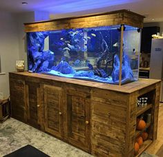 a fish tank sitting on top of a wooden cabinet