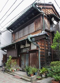 an old wooden building with lots of plants in front of it and power lines above