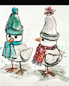 two birds wearing hats and scarves in the snow