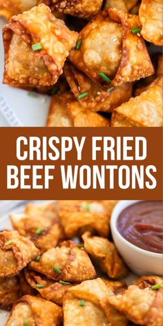 crispy fried beef wontons on a plate with dipping sauce in the background