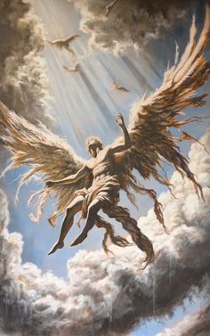 a painting of an angel flying through the sky