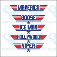 three stickers with the words gose, ice man, hollywood and vicer