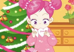 a cartoon girl standing in front of a christmas tree with her hands on her chest