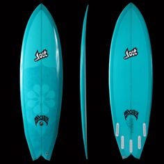 a blue surfboard with the word lost on it's side and bottom end