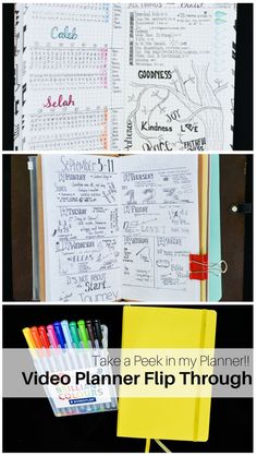 four different pictures with the words take peek in my planner and video planner flip through