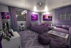 a bedroom with purple walls and furniture