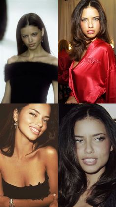 four different pictures of women in red and black dresses, one is wearing a satin top