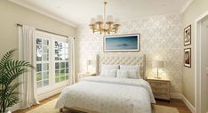 a bedroom with a bed, dresser and window in the corner next to a potted plant