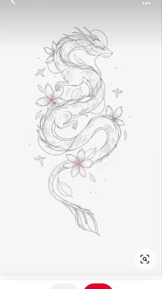 a drawing of a dragon with flowers on it