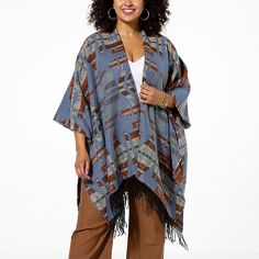 Vince Camuto Western Jacquard Open Front Poncho Embrace the spirit of the untamed West with a jacket that beautifully juxtaposes historical inspiration with modern-day charm. It's a perfect blend of tradition and style for the modern pioneer. The distinct western-designed jacquard patterns evoke the rich cultural tapestry of the American West, offering a stylish nod to its storied past, while the playful fringe trim moves with you, echoing the freedom of the open range and making a bold statemen Open Front Poncho, Open Range, Fringe Fashion, Poncho Pattern, Jacquard Sweater, Poncho Style, Jacquard Pattern, American West, Fringe Trim