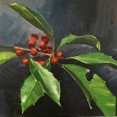 a painting of some red berries on a tree branch