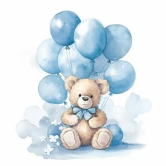 a brown teddy bear sitting next to blue balloons