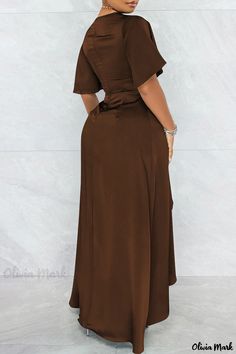 Olivia Mark - Womens Burgundy Solid Patchwork V-Neck Short Sleeve Dress - Perfect for Casual Occasions Brown Fitted Dress With Surplice Neckline, Brown V-neck Maxi Dress For Work, Brown Surplice Neckline Dress, Brown V-neck Solid Color Dress, Brown V-neck Solid Dress, Brown V-neck Dress, Brown V-neck Maxi Dress, Brown Short Sleeve Office Dress, Brown V-neck Solid Color Maxi Dress