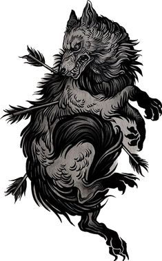 a black and white drawing of a wolf on its hind legs with claws spread out