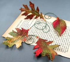 some leaves are laying on top of an open book