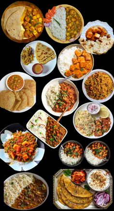 an array of different types of food on plates