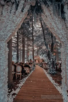 an outdoor wedding venue with snow covered trees and white draping on the walkway