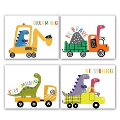 four pictures of children's vehicles with dinosaurs on them