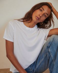 Crew neckline Relaxed silhouette Short sleeves 100% Supima Cotton Basic White T-shirt, Basic White T Shirt Outfit, Best White T Shirt Women, Best White T Shirt, White T Shirt Women, Plain White Ts, Merch Photoshoot, Plain White T Shirt, Cropped White Tee