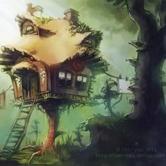 a drawing of a tree house in the middle of a forest with stairs leading up to it