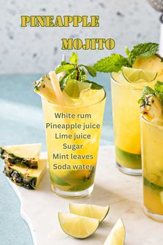 pineapple mojito with lime juice, mint leaves and soda water on the side