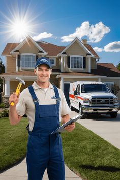 a man in overalls holding a hammer and wrench standing in front of a house