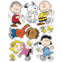 the peanuts gang sticker sheet is shown in various colors and sizes, including one boy with