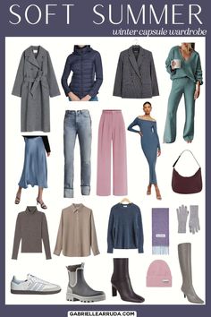 Winter Outfits For Soft Summer, Soft Summer Concept Wardrobe, Soft Summer Pear Shape, True Summer Winter Wardrobe, Capsule Wardrobe For Soft Summer, Soft Summer Color Wardrobe, Soft Summer Fall Colors, Soft Summer Dark Academia, Light Summer Winter Wardrobe