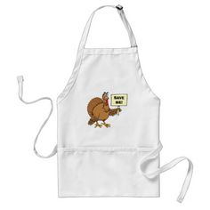 a cartoon turkey with a knife and fork on it's back aprons are white