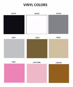 the color chart for vinyl colors, including pink, brown, black, and white