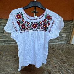 New With Tags Ask Questions Size Xl Casual Short Sleeve Blouse With Multicolor Embroidery, Casual Blouse With Multicolor Embroidery And Short Sleeves, Embroidered Blouse With Relaxed Fit And Crew Neck, Casual Blouse With Multicolor Embroidery, Casual Shirt With Multicolor Floral Embroidery, Short Sleeve Shirt With Multicolor Floral Embroidery, Mexican Shirts Woman Quinceanera, Mexican Shirts Embroidery, Mexican Shirts Woman