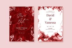 two red and white wedding cards on a pink background