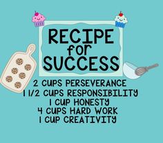 the recipe for success poster is shown with cupcakes and other items on it