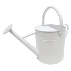 a white watering can with a plastic handle