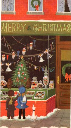 an old fashioned christmas card shows two children looking at a candy shop