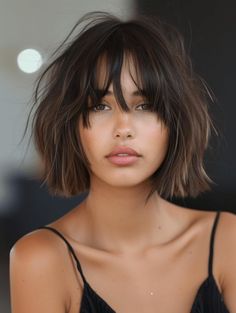 Chin-length and full of attitude, this bob with its straight-across bangs is a muse’s dream. The messy layers create a sense of depth, making the hair seem as if it’s in constant motion. It’s a cut that’s both a throwback and a step forward, ideal for the creative soul who finds beauty in the blend of past and future. Messy Bob Haircut, Choppy Hairstyles, Messy Bob, Messy Haircut, Messy Bob Hairstyles, Bob Hairstyles With Bangs, Chin Length Hair, Bob Haircut With Bangs, Hair Inspiration Short