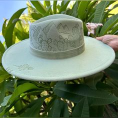 Mint Colored Fedora. Desert Scene Perfect Crown To Make An Outfit Complete! Draw String Inside To Adjust The Size. Follow My Instagram - Southerncharmbranding All My Hats Are Made With Love And Unique. Hope You Love Them As Much As I Do! Charlie 1 Horse Shyanne Idyllwind Western Apparel Stetson Bailey Ariat Cody James Justin Bullhide Western Hat Designs, Burned Hats For Women, Breakthrough Art, Custom Cowgirl Hats, Burned Hats, Hat Burning, Custom Made Hats, Make An Outfit, Western Clothes