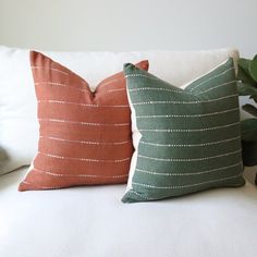 two pillows sitting on top of a white couch next to a potted green plant